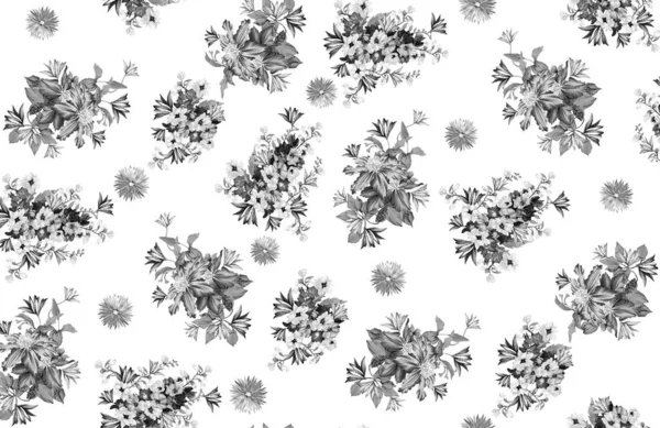 Floral Seamless Pattern Different Flowers Leaves Black White Botanical Illustration — Stock Photo, Image