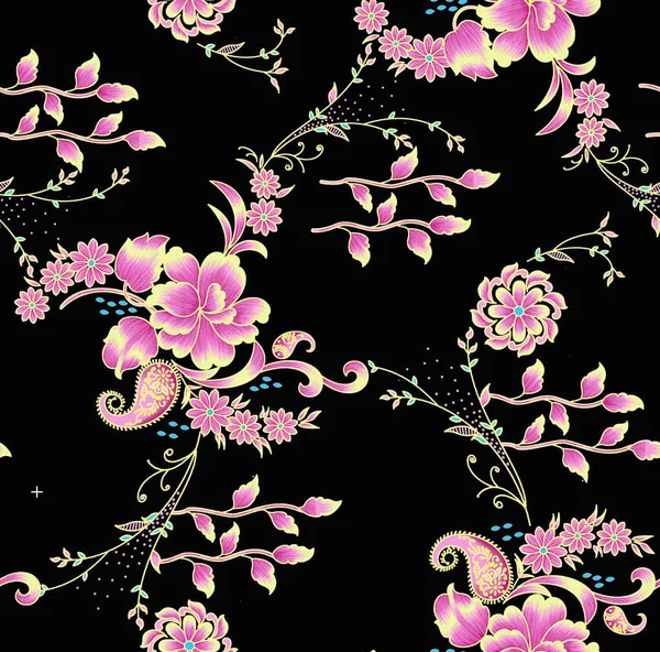 Design Flores Para Moda Folhas Exóticas Flores Luz Néon Padrão — Fotografia de Stock