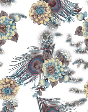 Süslü desenli, dikişsiz desen, doku efekti. Hint süsü. Dekoratif çiçekler ve Paisley. Etnik tarzda. Tasarım. Modern, moda.