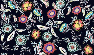 Süslü desenli, dikişsiz desen, doku efekti. Hint süsü. Dekoratif çiçekler ve Paisley. Etnik tarzda. Tasarım. Modern, moda.