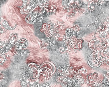 Süslü desenli, dikişsiz desen, doku efekti. Hint süsü. Dekoratif çiçekler ve Paisley. Etnik tarzda. Tasarım. Modern, moda.
