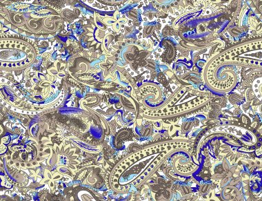 Süslü desenli, dikişsiz desen, doku efekti. Hint süsü. Dekoratif çiçekler ve Paisley. Etnik tarzda. Tasarım. Modern, moda.