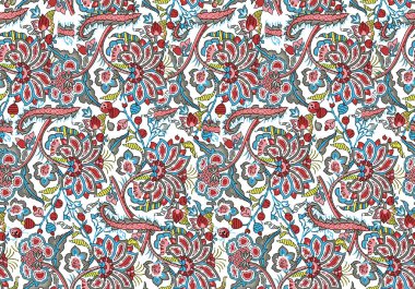 Süslü desenli, dikişsiz desen, doku efekti. Hint süsü. Dekoratif çiçekler ve Paisley. Etnik tarzda. Tasarım. Modern, moda.