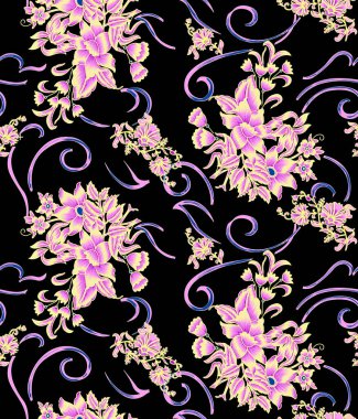 Moda için çiçek tasarımı: neon ışığında egzotik yapraklar ve çiçekler. Kusursuz desen. Suluboya