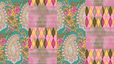 Süslü desenli, dikişsiz desen, doku efekti. Hint süsü. Dekoratif çiçekler ve Paisley. Etnik tarzda. Tasarım. Modern, moda.