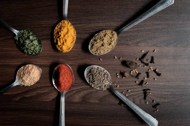 Hint garam masala tozu ve rengarenk baharatlar. Dengesiz bir geçmişi var. seçici odak