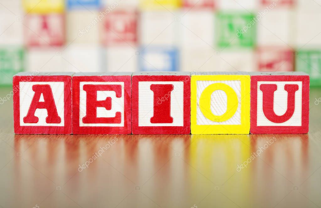 AEIOU Spelled Out in Alphabet Building Blocks