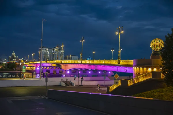 Kazakhstan Nur Sultan Bridge Esil River Night Lights Smirror May — 스톡 사진