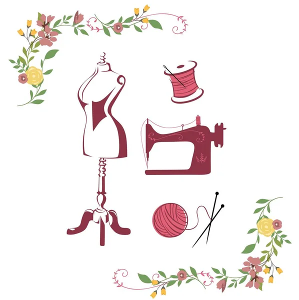 裁缝缝制复古 针织手工时尚复古花卉简单徽标设置模板 — 图库矢量图片
