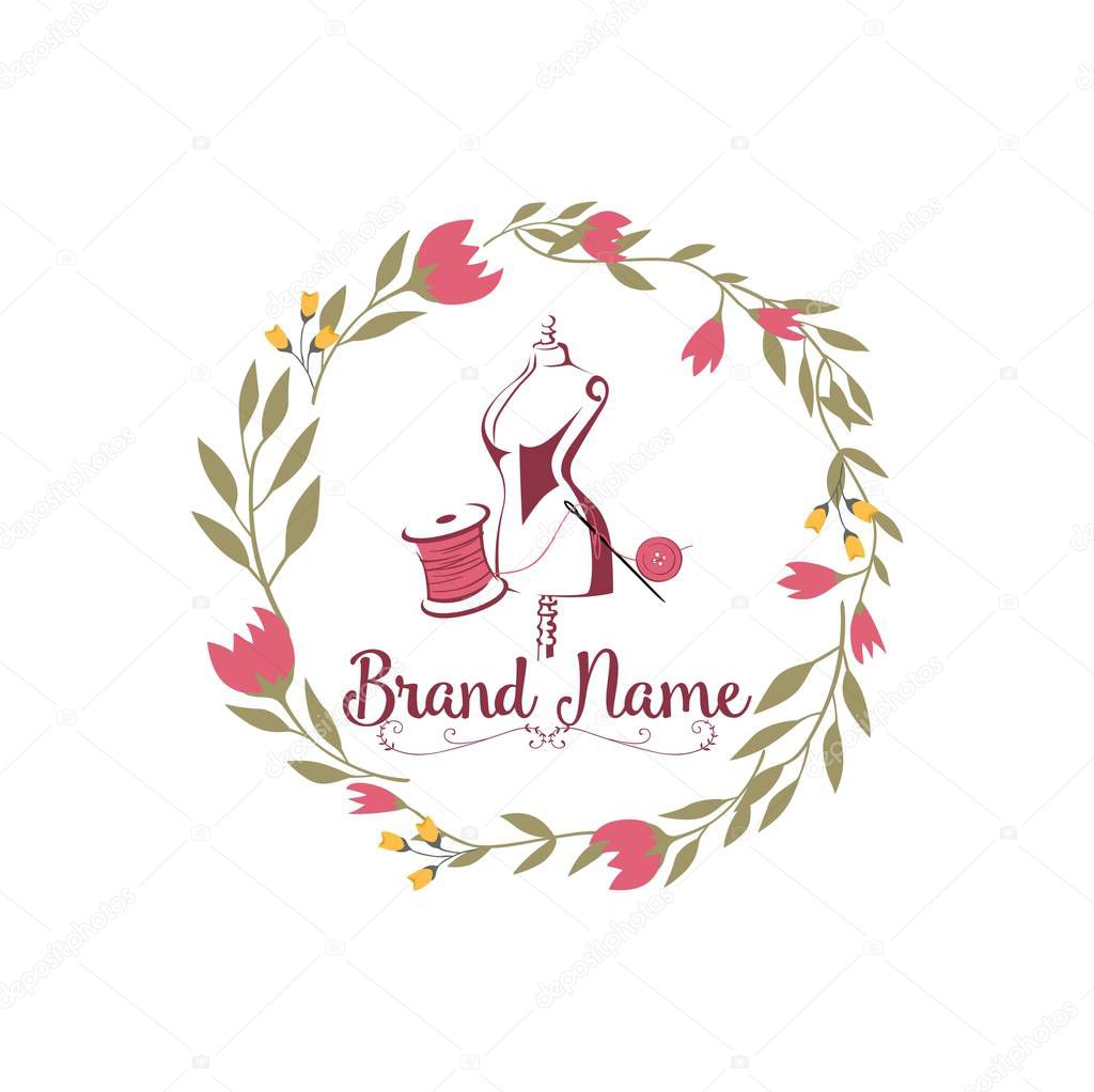 Sewing Stitching Knitting Needle Floral Decorative Simple Logo Vector Design