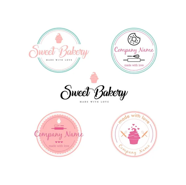 Bakery Dessert Logo Sign Template Emblem Flat Vector Design Set — Stock Vector