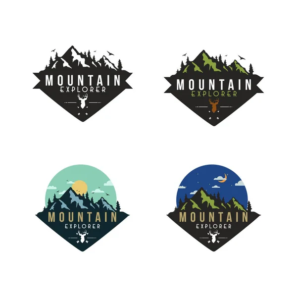 Floresta Mountain Adventure Night Day Badge Vector Logo Assine Conjunto —  Vetores de Stock