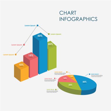 Pasta daire grafiği, çubuk grafik Infographics elemanları 3D vektör düz tasarım, Imza, simge tam renkli şablon