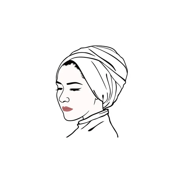 Indah Monochrome Turban Girl Hairstyle Moslem Hijab Girl Vector Design - Stok Vektor