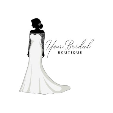 Brocade Önlüklü Güzel Gelin, Gelin Butik Logosu, Gelinlik Logosu Vektör Tasarım Şablonu