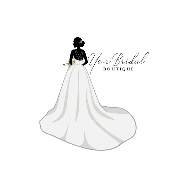 Bela Noiva Com Buquê Flores Inspiração Logotipo Boutique Nupcial Vestido — Vetor de Stock
