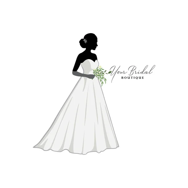 Piękna Panna Młoda Bukietem Kwiatów Logo Butiku Ślubnego Biała Suknia — Wektor stockowy