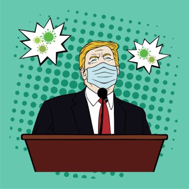 ABD Seçimi, Donald Trump Podyum Konuşması Maskeli Corona Virüsü, Covid-19, Pop Art, Düz Tasarım, Vektör, Görüntü