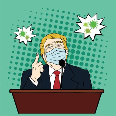 ABD Seçimi, Donald Trump Podyum Maske Giyen Corona Virüsü, Covid-19, Pop Art, Düz Tasarım, Vektör, İllüstrasyon. Washington-12 Ekim 2020.