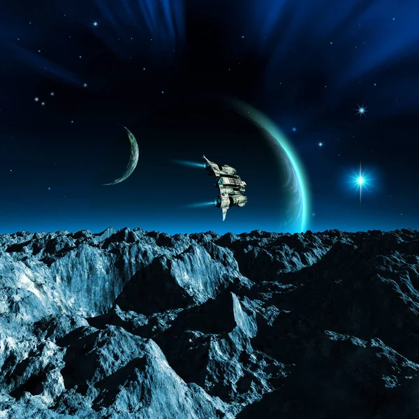 Astronave Esplorare Sistema Planetario Alieno Sorvolando Montagne Blu Illustrazione — Foto Stock