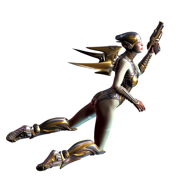 Futurista Chica Voladora Armado Con Pistola Traje Oro Casco Ilustración — Foto de Stock