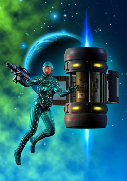 uzayda astronot, roketatar ile silahlı, 3d illüstrasyon
