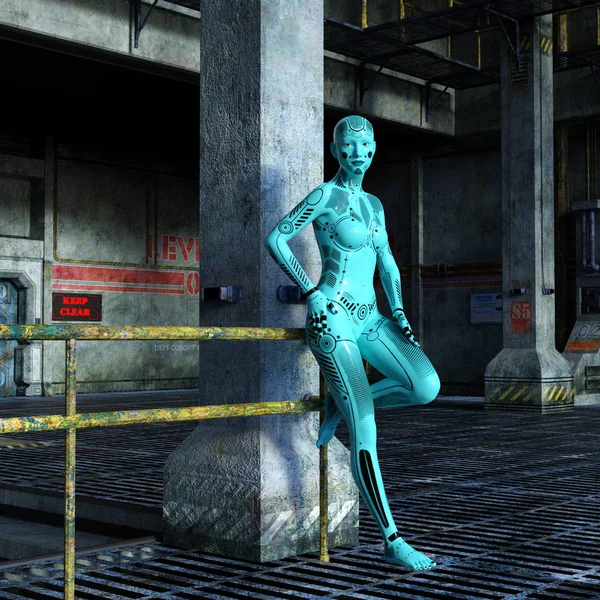 robotic woman inside a space base, 3d illustration