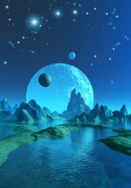yabancı gezegen sistemi, dağlar ve okyanus, uydular ve yıldızlar, gece, 3d illüstrasyon