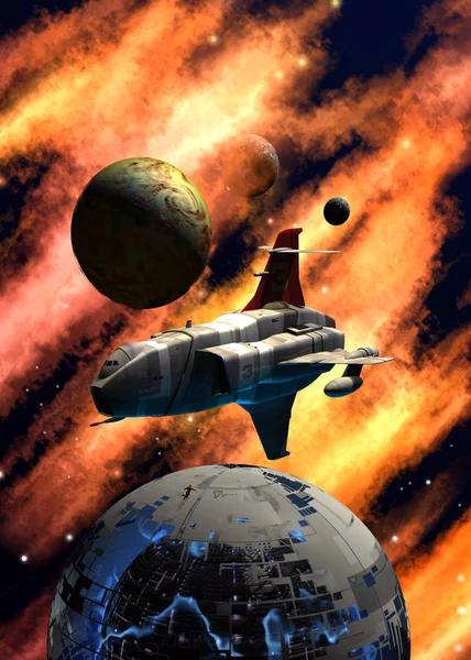 Planetáris Rendszer Térben Űrhajó Közelében Egy Űrállomás Roncs — Stock Fotó