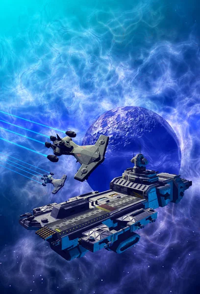 nebula, asteroitler ve yıldızlarla bir gezegen sistemi etrafında dönen uzay gemileri