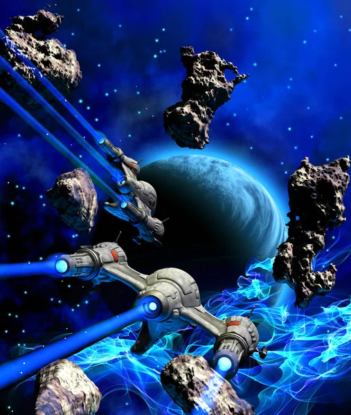 space battle around a planetary system with nebula, asteroids and stars