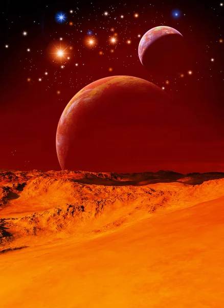 alien planet with two moons, Mars exploration, 3d illustration