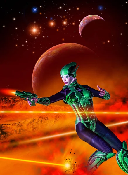 Mujer Guerrera Futurista Batalla Planeta Alienígena Con Dos Lunas Ilustración —  Fotos de Stock
