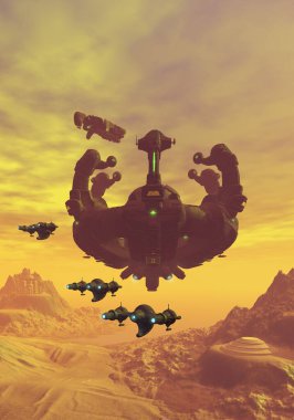 Uzaylı uzay gemileri çöl ve dağları olan kızıl bir gezegende, 3 boyutlu illüstrasyon.