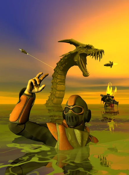 dragon in the Sea, alien world, pilot near a spaceship's wreck, 3d illustration