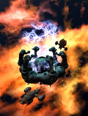 Nükleer enerji santrali, yabancı uzay istasyonu ve uzay gemileri, 3D illüstrasyon