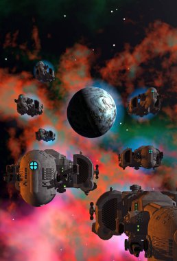 Uzay gemileri ve bir nebulanın yakınındaki gezegen, derin uzay, 3 boyutlu illüstrasyon