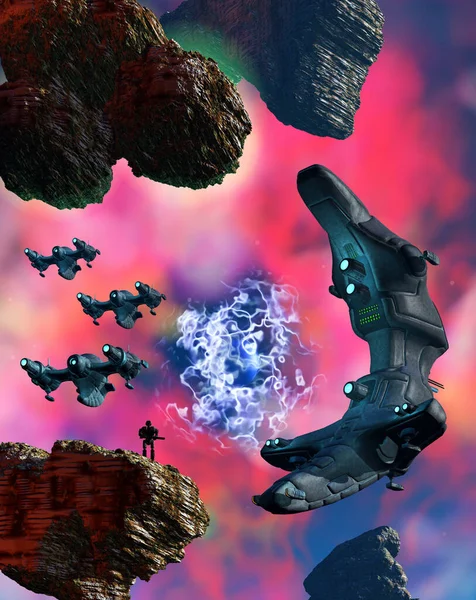 Flotte Vaisseaux Spatiaux Extraterrestres Dans Espace Astéroïdes Nébuleuse Rendu — Photo