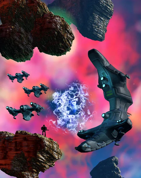 Uzaylı uzay gemisi filosu uzayda, asteroitler ve nebula, 3D görüntüleme