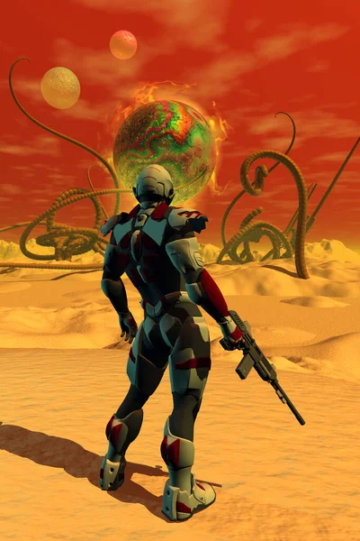 Військовий Солдат Пустелі Інопланетним Створінням Ілюстрація — стокове фото