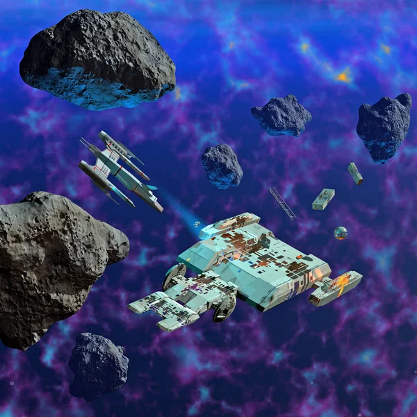 Rymdskepp Utforska Ett Vrak Rymden Nära Asteroider Illustration — Stockfoto