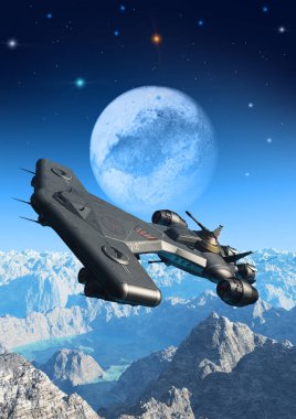 Uzay gemileri yabancı gezegeni, gökyüzünü, bulutları, dağları, 3 boyutlu illüstrasyonları keşfediyor.