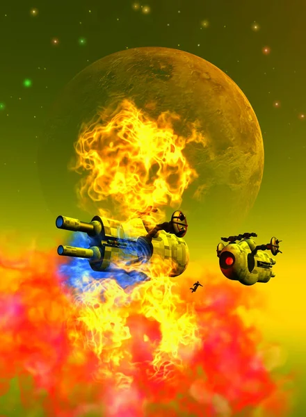 Rymdkrig Rymdskepp Exploderar Runt Planet Inuti Nebulosa Illustration — Stockfoto