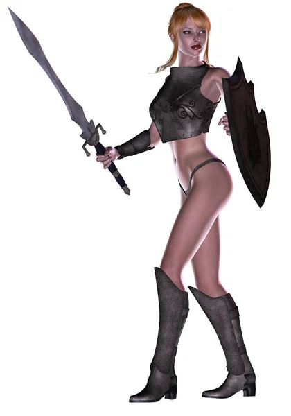 剣と盾で武装したファンタジー戦士の少女 3Dイラスト — ストック写真
