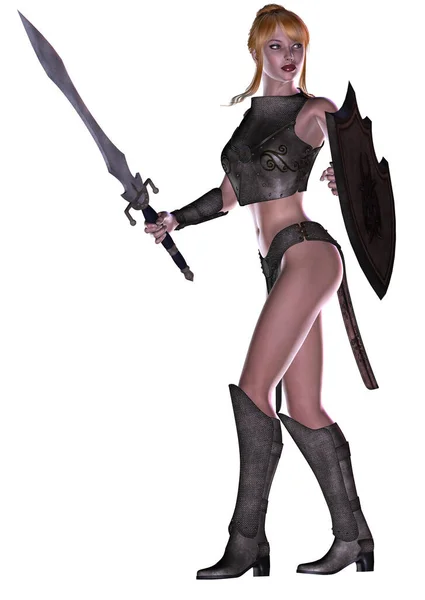 Fantasy Warrior Girl Armed Sword Shield Illustration — Stock Photo, Image