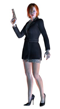 Sarı saçlı, yüksek topuklu ayakkabılı, 3 boyutlu, silahlı zarif bir bayan.