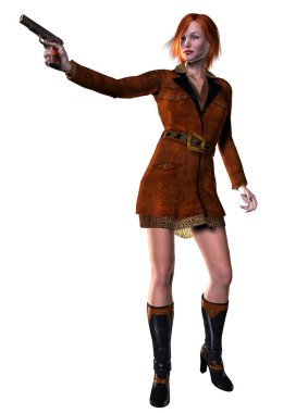 Silahlı zarif bir bayan, kızıl saçlı çekici bir kız, üç boyutlu resimli.