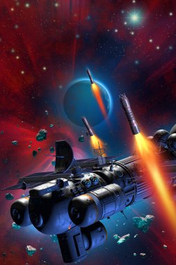 Füzeler tarafından saldırı altında, yabancı bir gezegenin yörüngesinde dönen uzay gemisi, 3D çizim