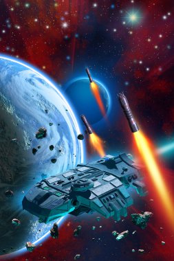 Füzeler tarafından saldırı altında, yabancı bir gezegenin yörüngesinde dönen uzay gemisi, 3D çizim