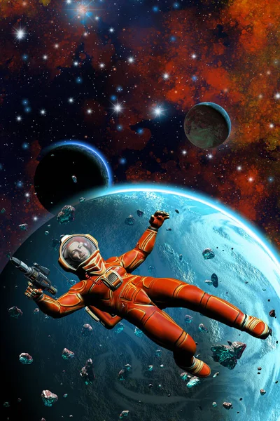 Astronaut in space armed with gun, floating around an alien planetary system, 3d rendering